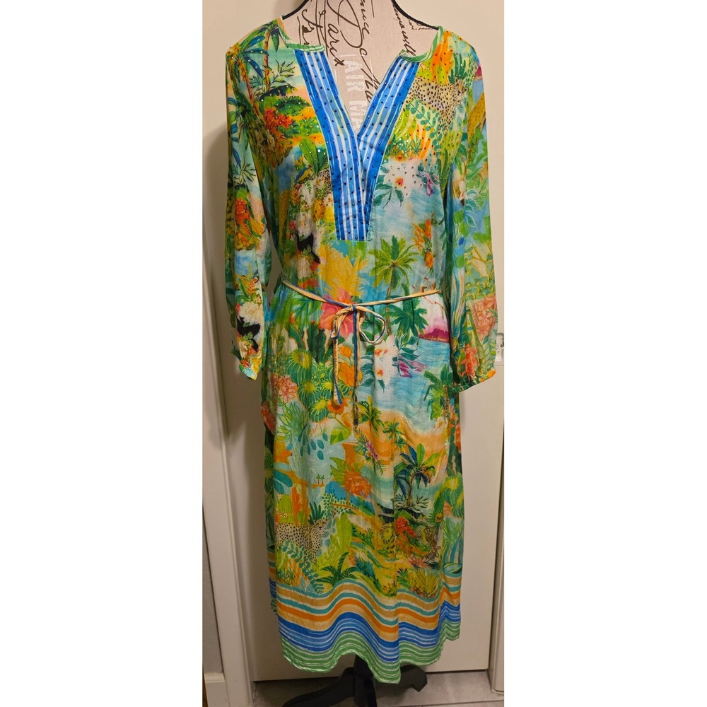 Lula Soul Tropical Jungle Print Midi Dress Sz Small Blue Green Beaded Rayon